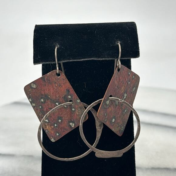 Handmade rustic modern sterling silver abstract hoop earrings and brooch - Picture 3 of 7